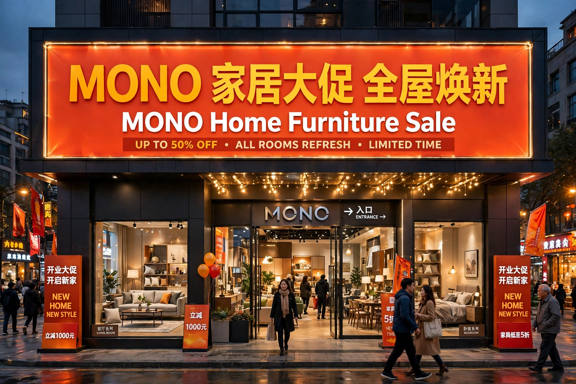 MONO 家居大促卖场门头：全屋焕新主视觉与入口促销陈列
