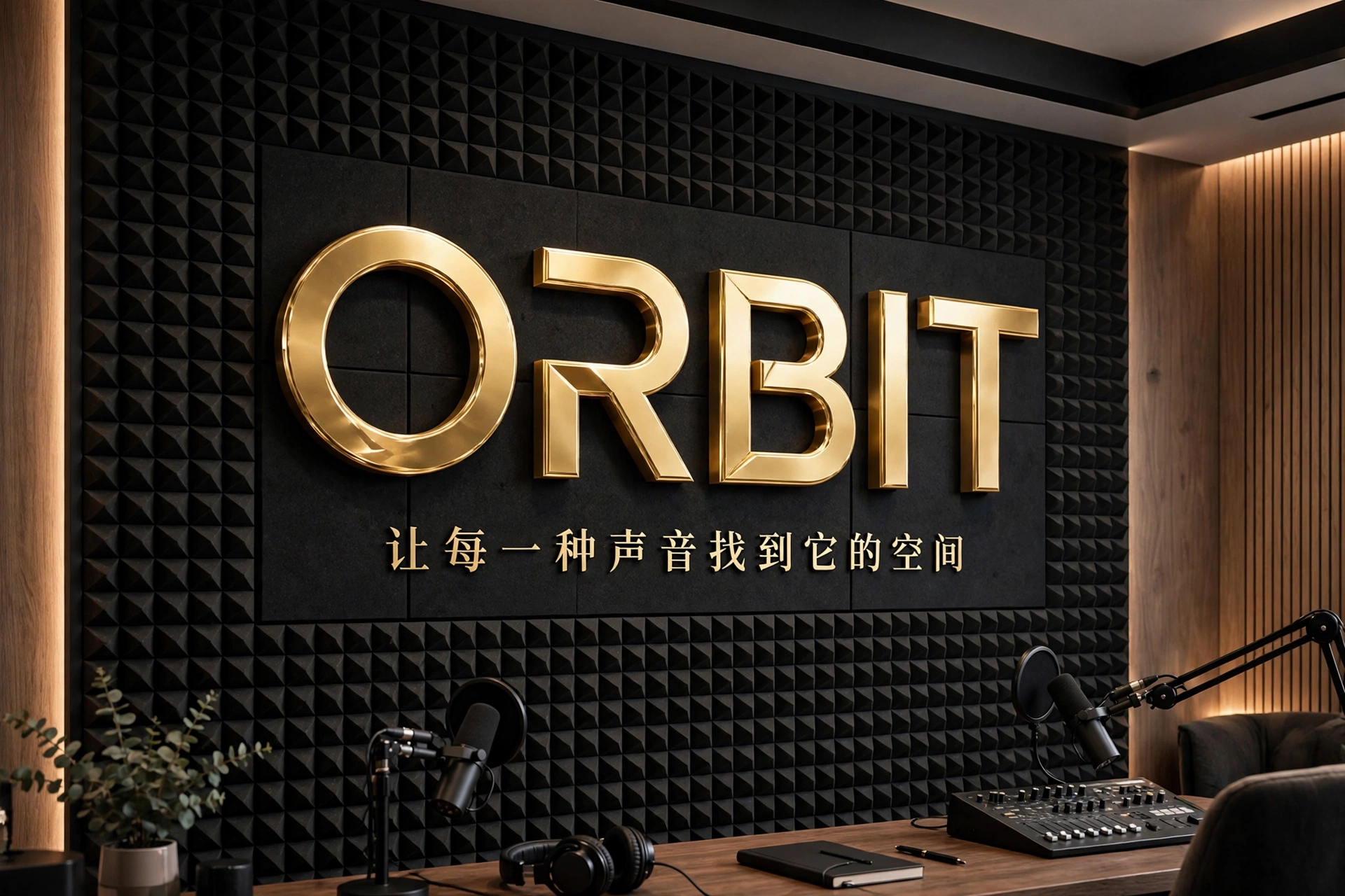 ORBIT 播客空间品牌墙：黑色吸音墙面上的金色立体字标与品牌主张「让每一种声音找到它的空间」