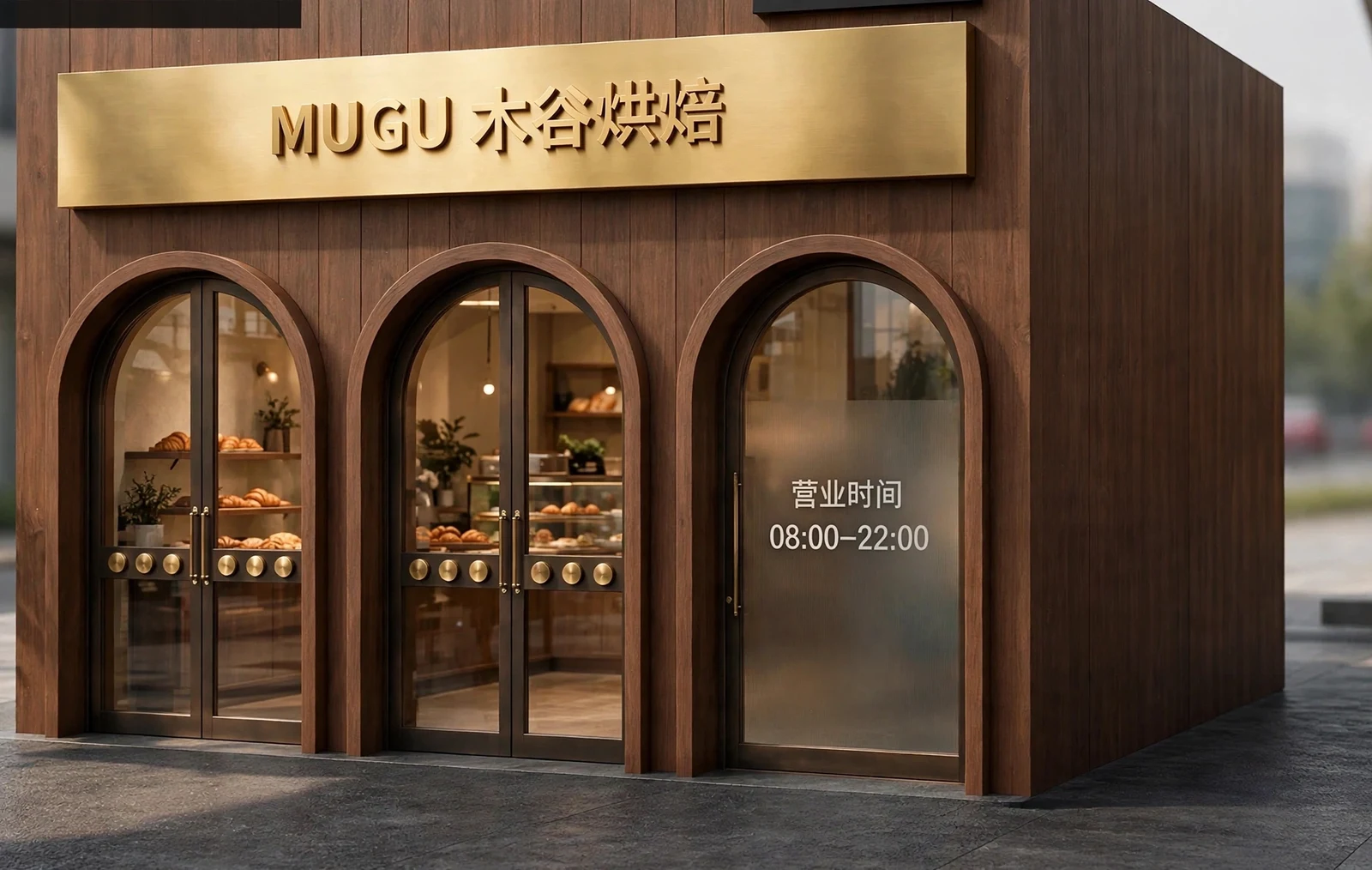 MUGU 木谷烘焙门店真实空间 45 度 3D 渲染，展示木饰面、黄铜立体字、拱窗进深、玻璃反射与自然阴影