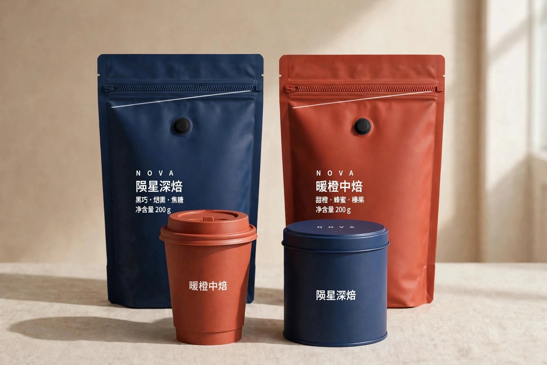 NOVA 咖啡包装系统：陨星深焙 / 暖橙中焙纸基复合自立袋