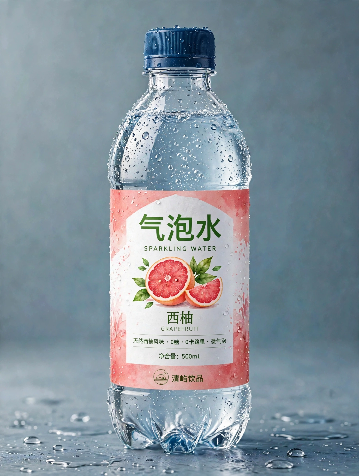 西柚味气泡水整瓶成品，瓶盖到瓶底完整可见，珊瑚色水彩标签底部印有清屿饮品圆形字标与公司名