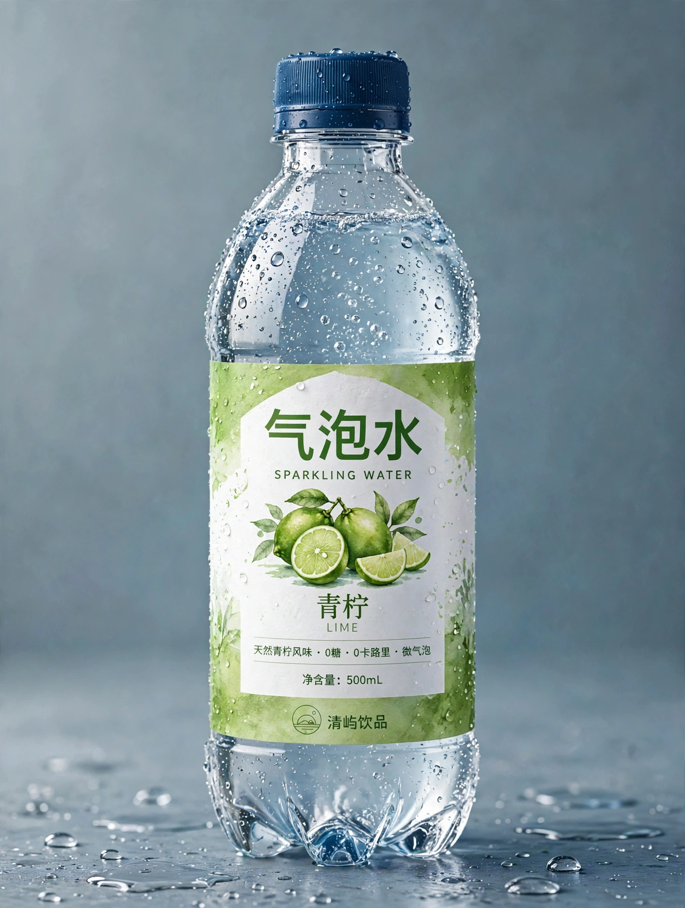 青柠味气泡水整瓶成品，瓶盖到瓶底完整可见，绿色水彩标签底部印有清屿饮品圆形字标与公司名