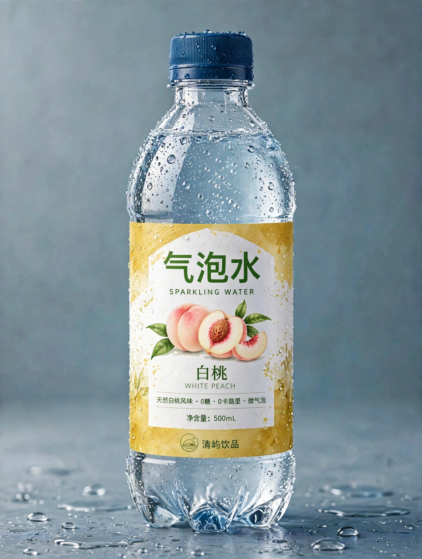 白桃味气泡水整瓶成品，瓶盖到瓶底完整可见，金黄水彩标签底部印有清屿饮品圆形字标与公司名