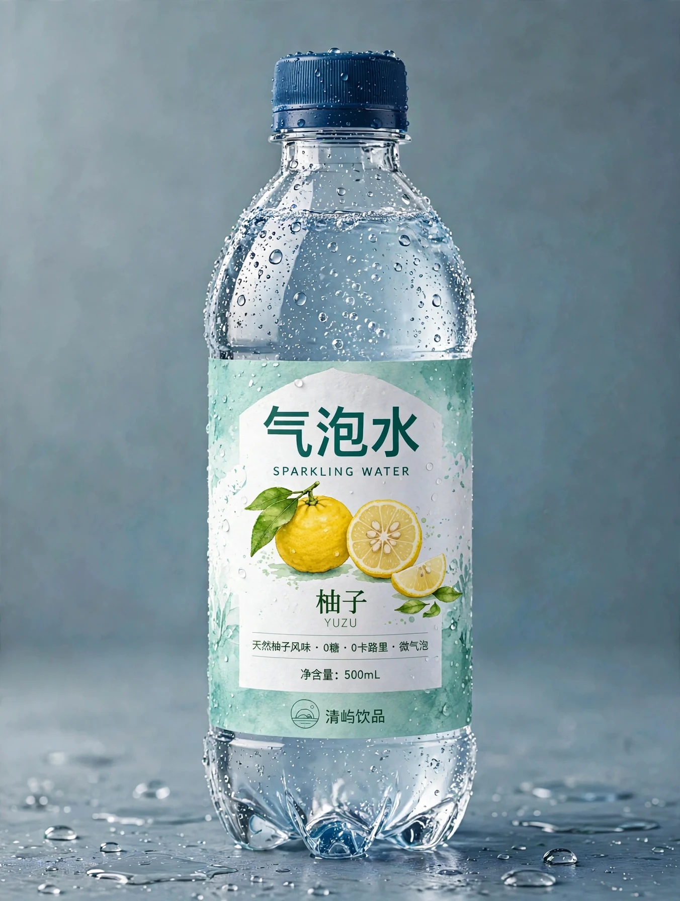 带真实材质反射、透视与冷凝水珠的气泡水瓶产品级 3D 渲染