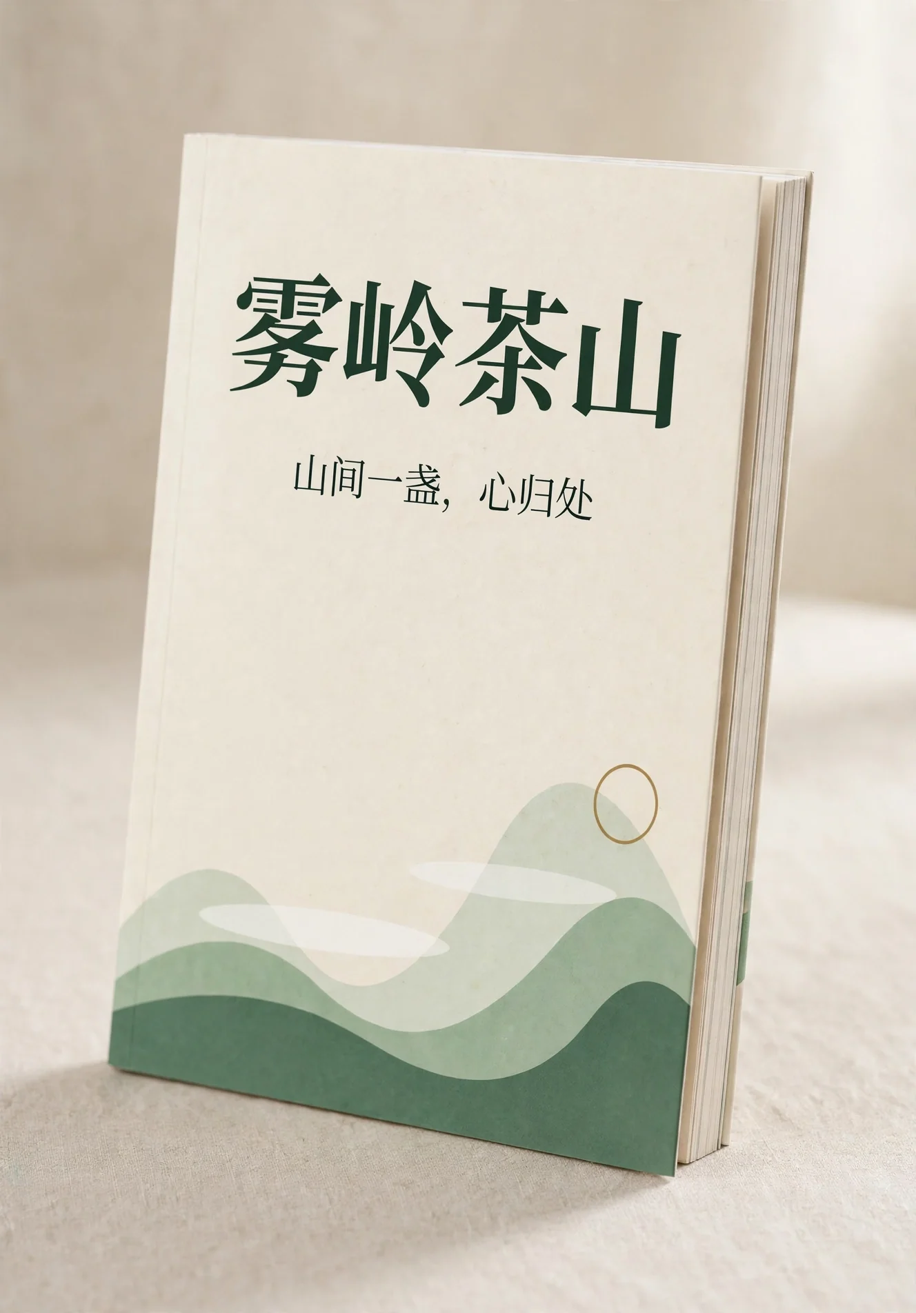 雾岭茶山画册封面斜立效果图：山体与茶园、克制标题版式